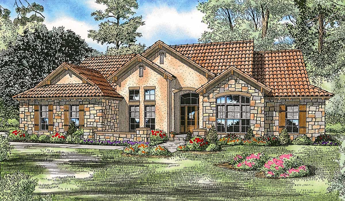 House plan exterior: Single-story, stone and stucco facade, tile roof, prominent gables, arched entry, and multi-pane windows.