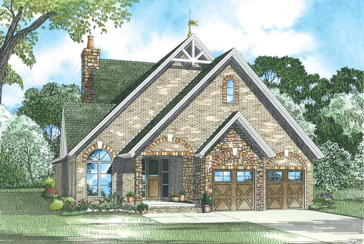 House plan exterior: One-story brick home with stone accents, front porch, gabled roof, and a side-entry two-car garage.