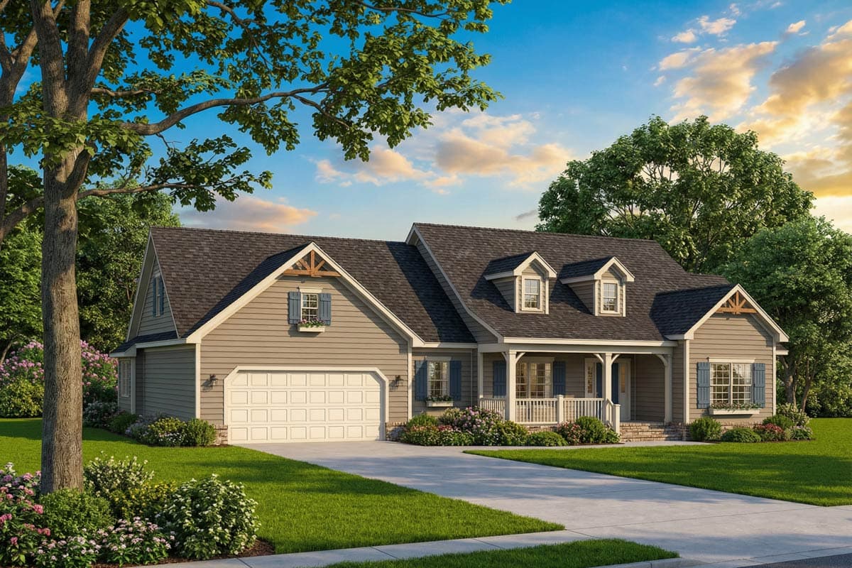 A craftsman-style house with a light gray facade, a dark gray roof, and blue shutters, sits on a well-manicured lawn with a long driveway.
