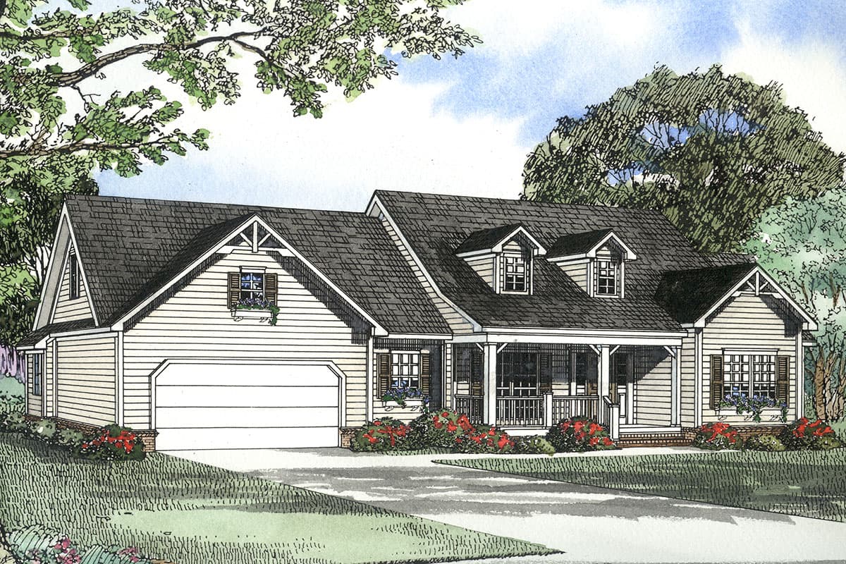 House plan exterior: One-story home with a side-entry garage, prominent front porch, and multiple gables.