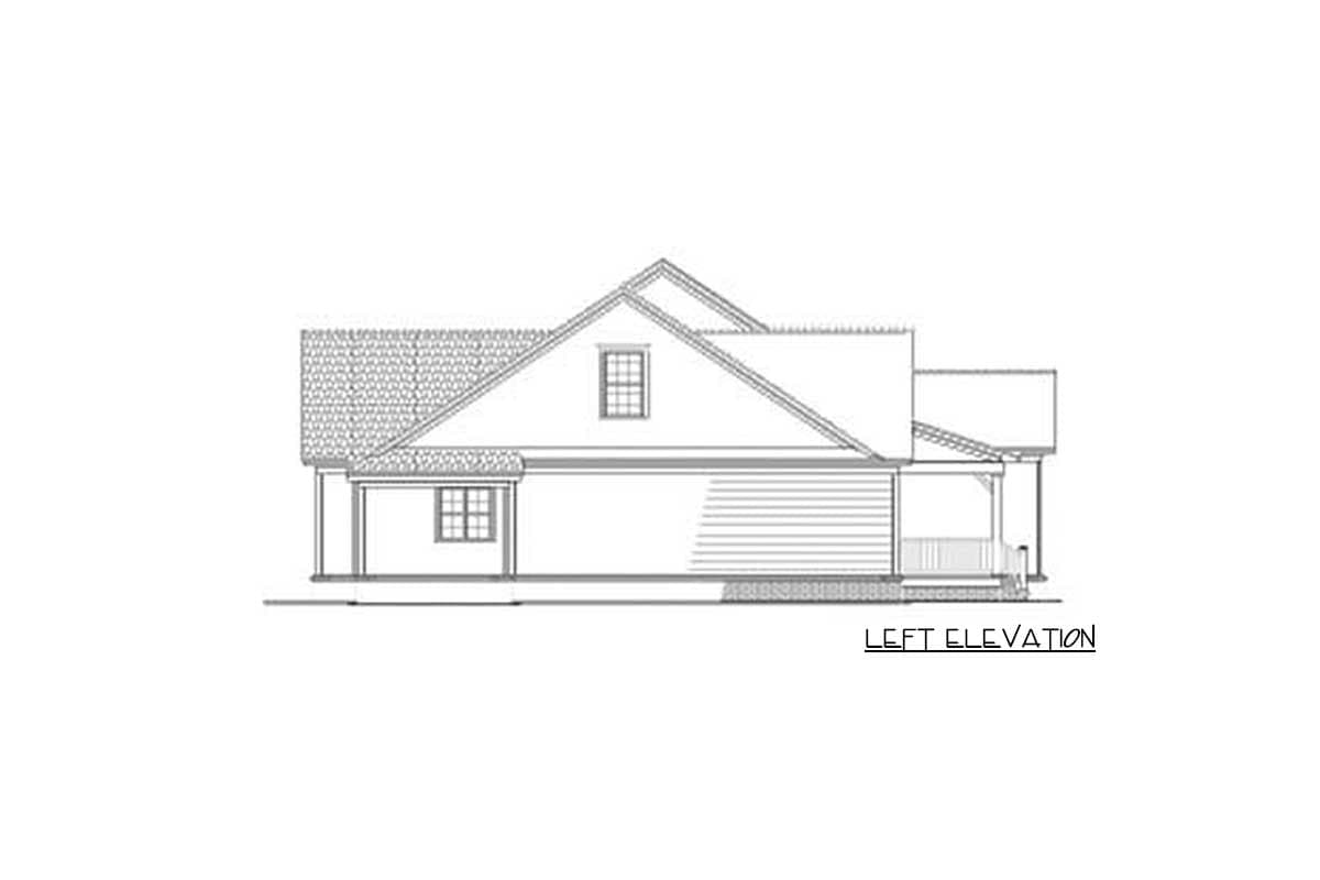 Left elevation house plan showing gabled roof, dormer window, and covered porch.