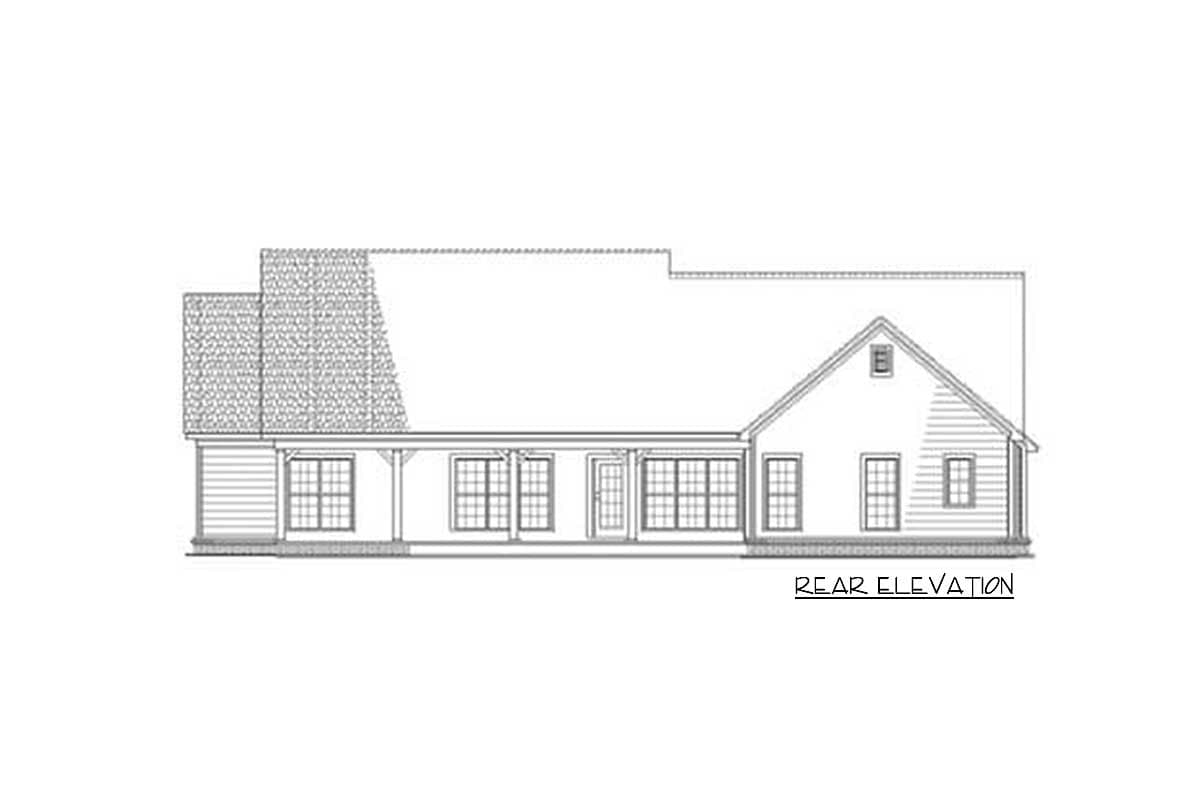 Rear elevation of a one-story house plan featuring a covered porch, multiple windows, and a gabled dormer.