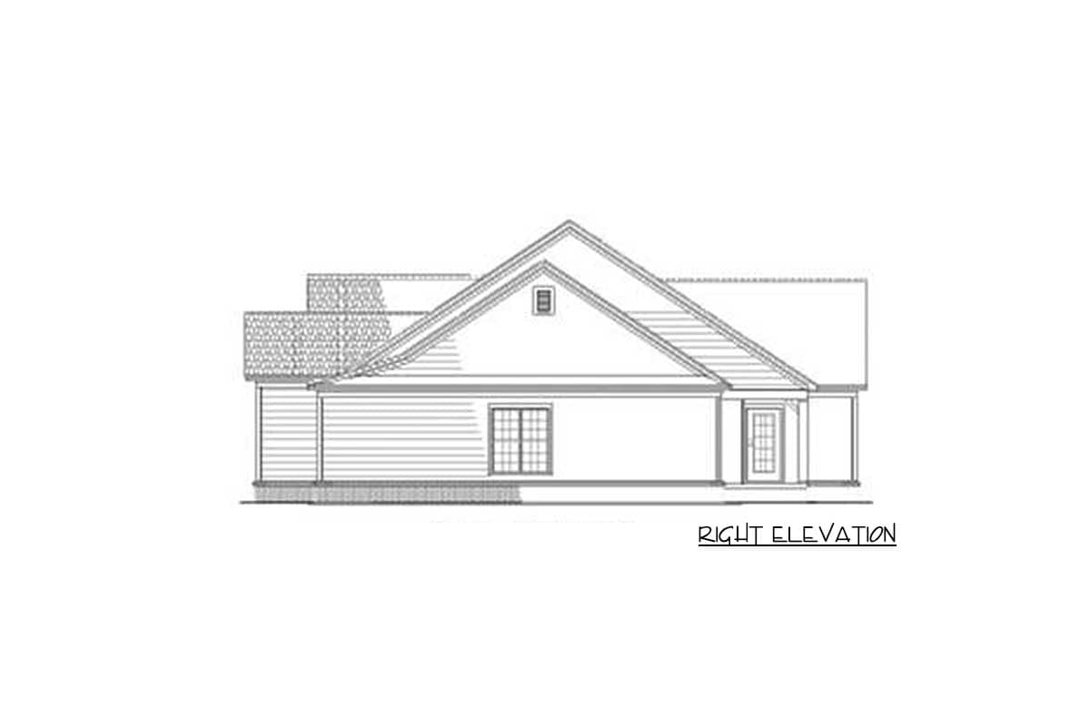 Right elevation drawing of a single-story house with a gable roof, dormer, and one window.