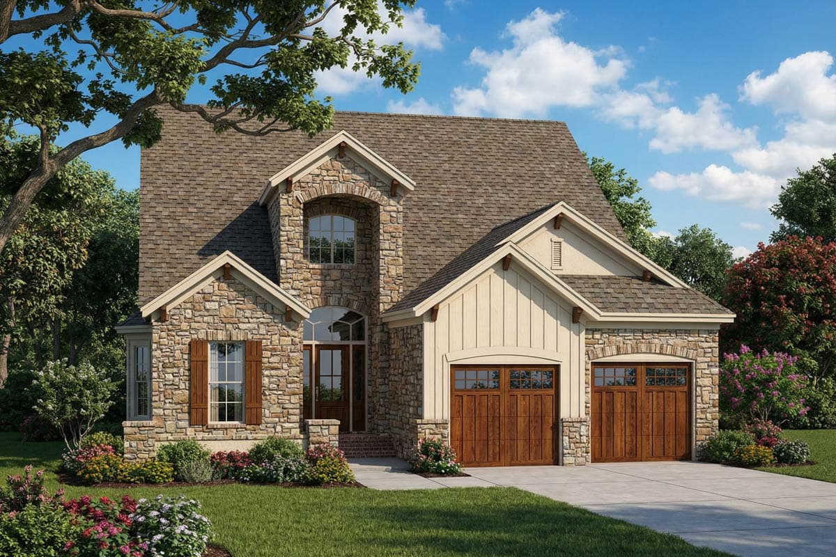 A stone-and-wood facade two-story house with a brown shingle roof, arched entryway, and two garage doors. Landscaping surrounds the property.