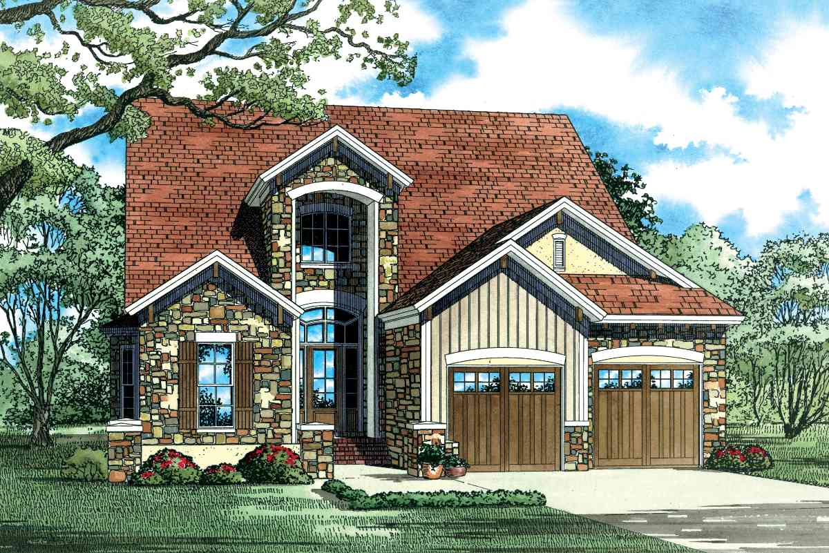 House plan exterior with stone accents, multiple gables, arched windows, and a three-car garage.