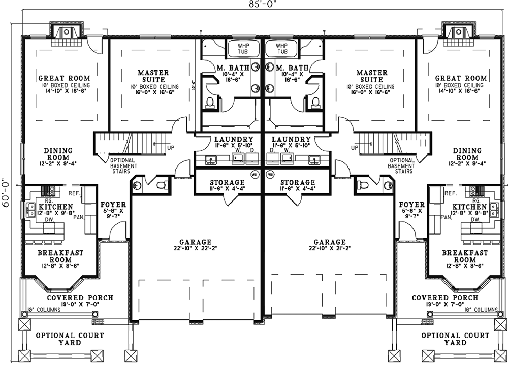 Plan 59871ND: Hill Country Duplex House Plan - 2 Bed Units - 1897 Sq Ft - Floor Plan - Main Level - Country, Hill Country, Traditional