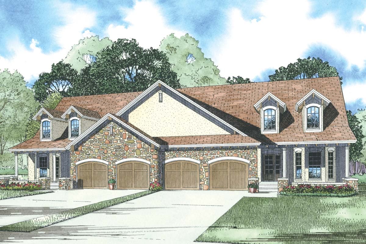 House plan exterior featuring a stone-accented facade, multiple arched garage doors, and dormer windows under a prominent gabled roof.