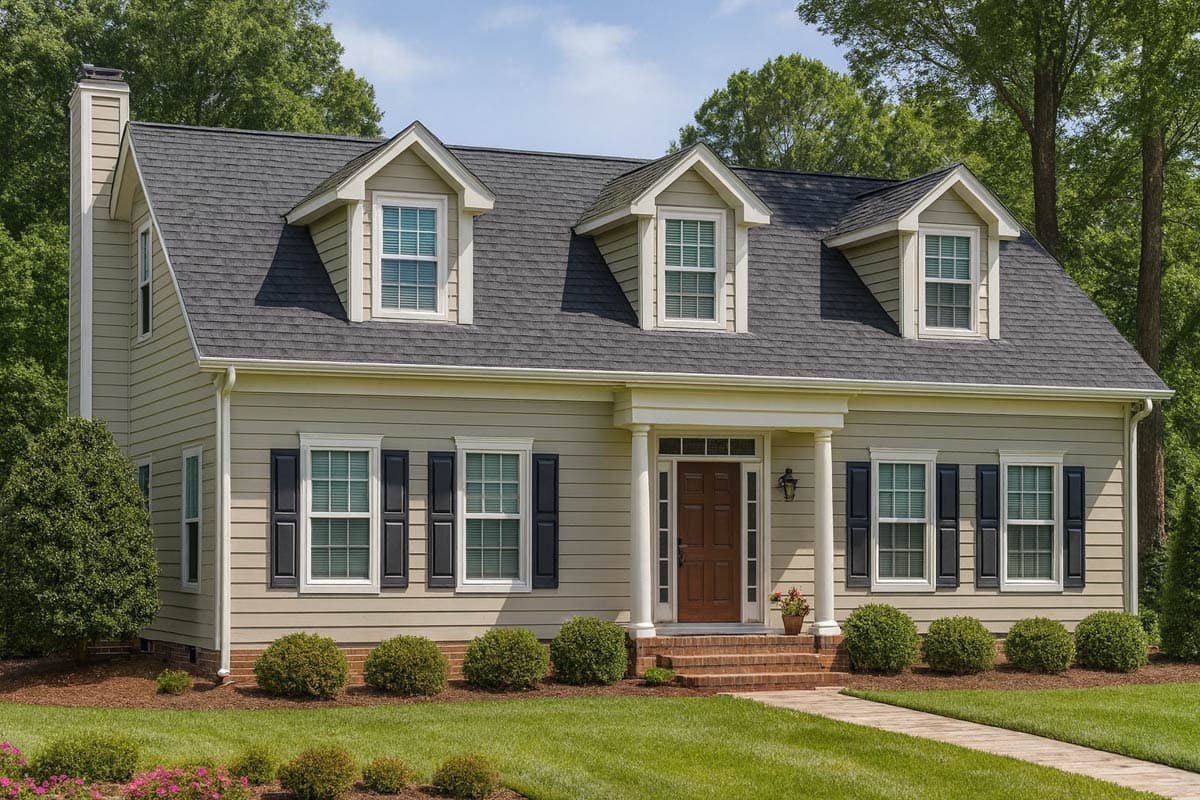 House plan exterior. Two-story home with a gabled roof, three dormers, and a covered front porch with columns.