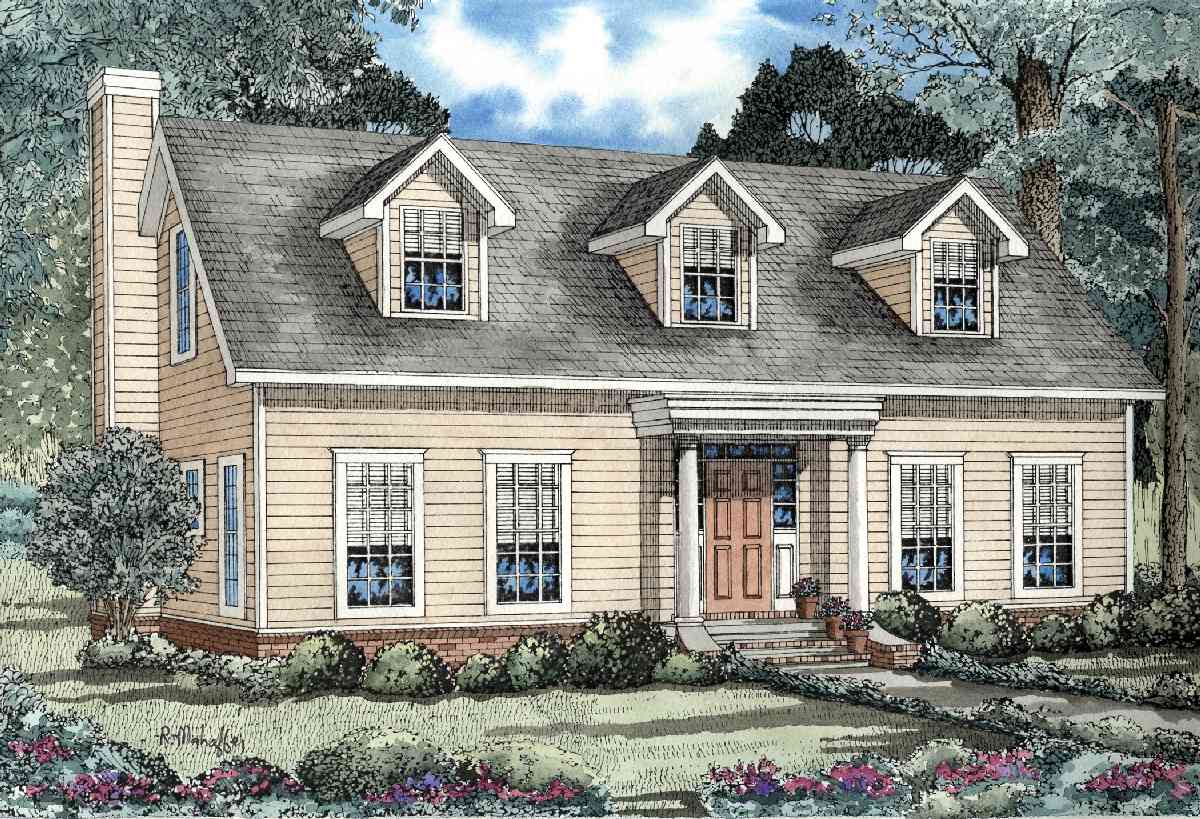House plan exterior: Two-story traditional style with a covered front porch, multiple gables, dormers, and a prominent chimney.