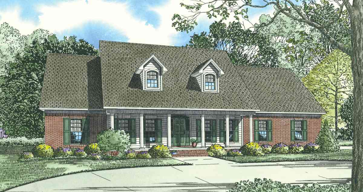 House plan exterior: two-story dwelling with a full front porch supported by columns, two dormer windows on the roof, and brick siding.