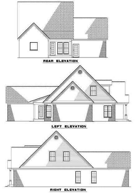 Rear, left, and right elevation drawings of a house plan. Features include gables, dormers, and a garage.