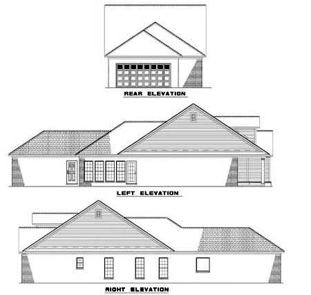 Architectural house plan showing rear, left, and right elevations. Features include a multi-panel garage door and varied rooflines.