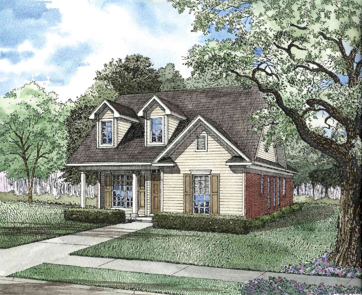 House plan exterior with two dormers, covered front porch, gable roof, and brick and siding facade.
