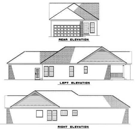 Rear, left, and right elevations of a single-story house plan with a garage, gables, and a covered porch.