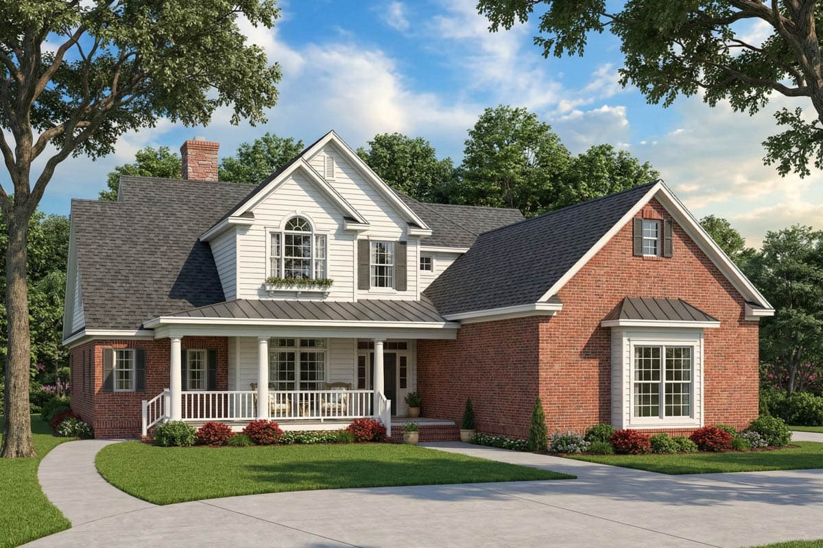 A two-story house with a white facade and red brick siding, a porch with white columns, and a gray roof sits on a green lawn.
