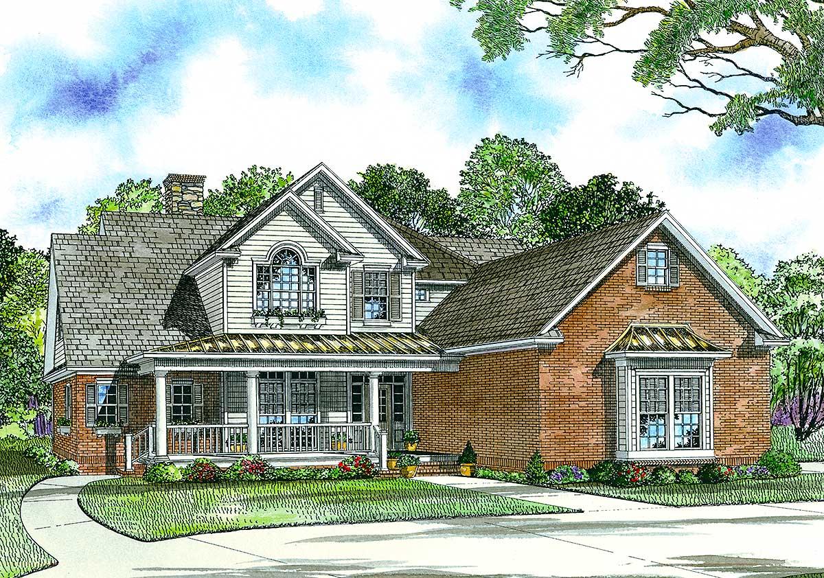 House plan exterior: Two-story home with wraparound porch, dormer, arched window, and bay window.