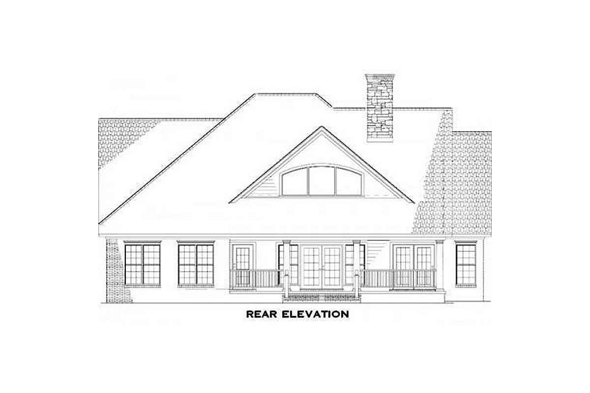 Rear elevation drawing of a house plan featuring a large dormer with arched windows, a prominent chimney, and a covered porch with double doors.