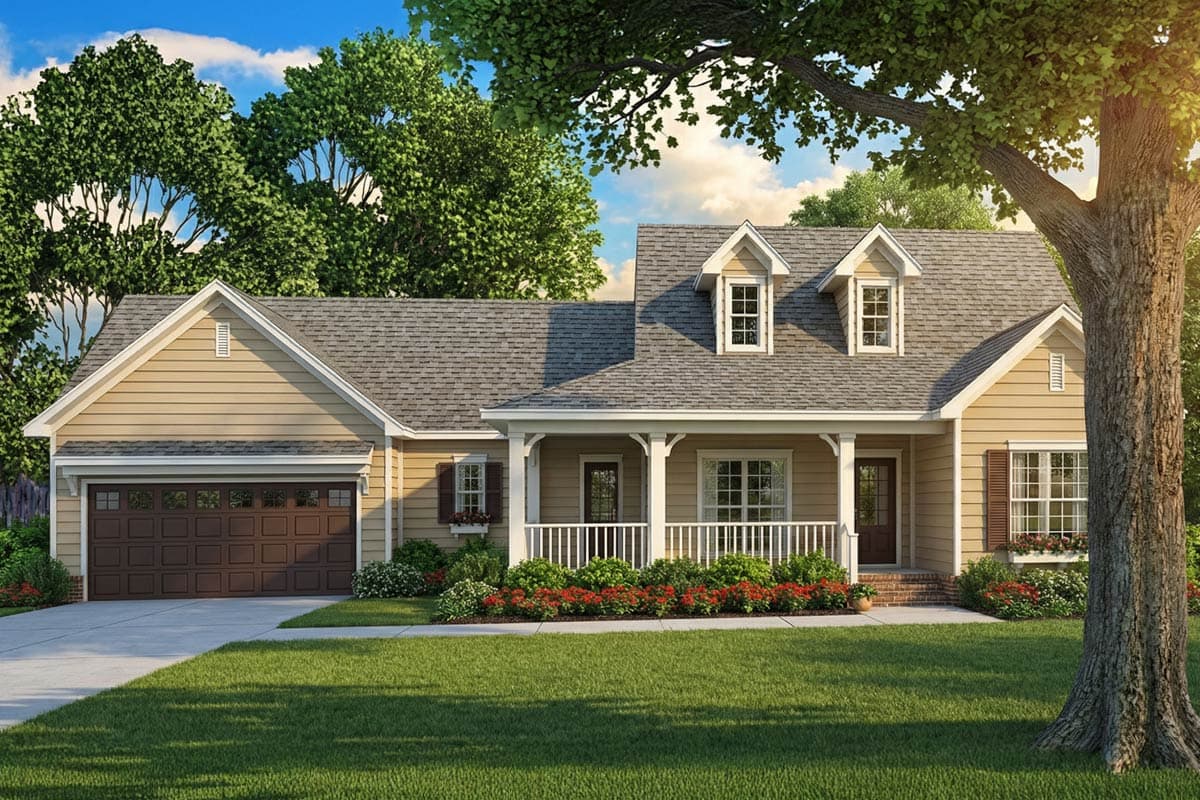 A two-story, beige house with a front porch, dormer windows, and a brown garage door. Lush greenery and a large tree frame the house.