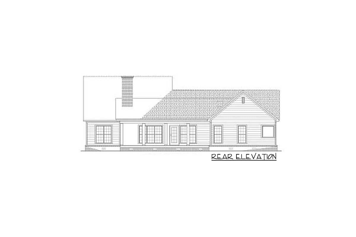 Rear elevation drawing of a house plan with a covered porch, multiple windows, and a gabled roof.