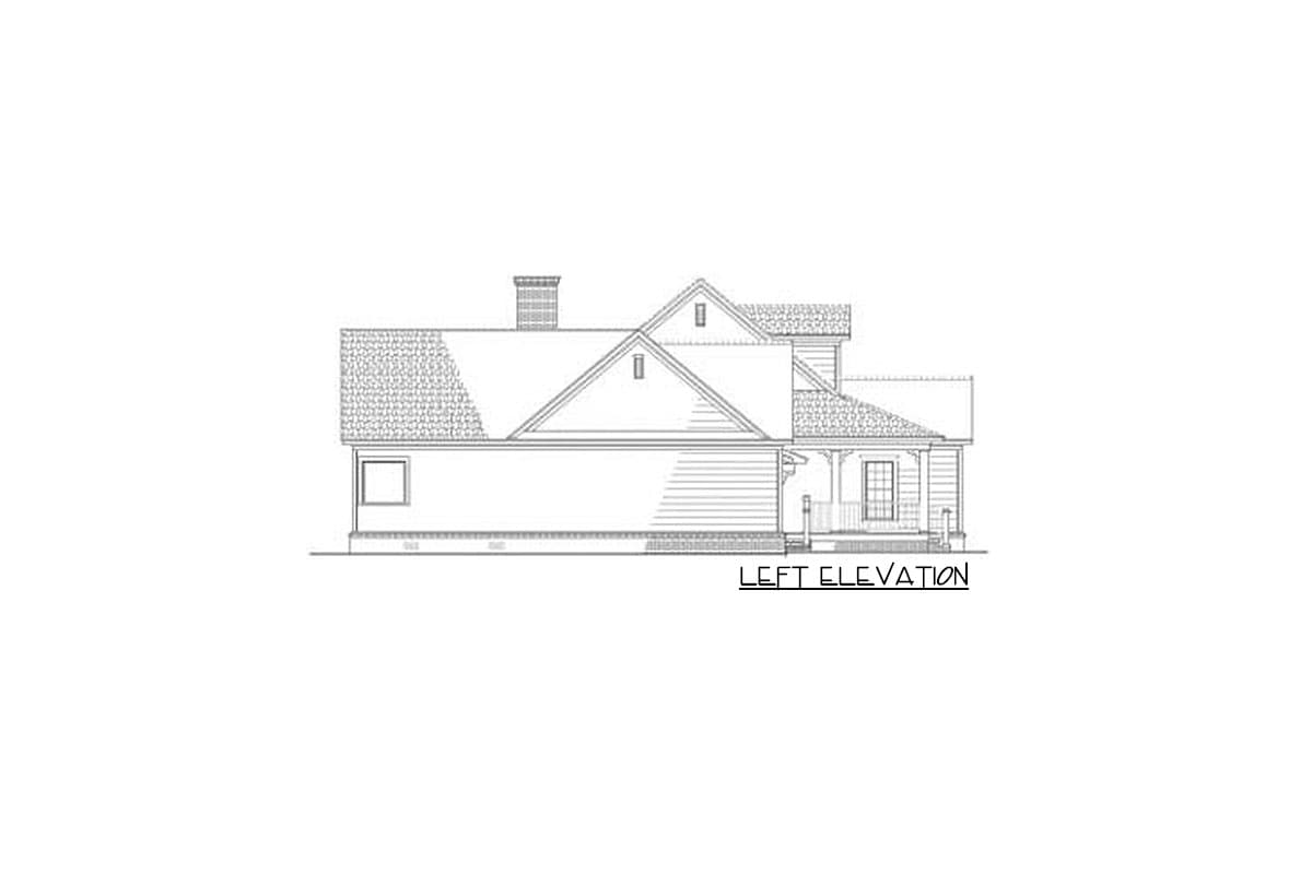 Left elevation house plan drawing with gables, dormers, porch, and chimney.