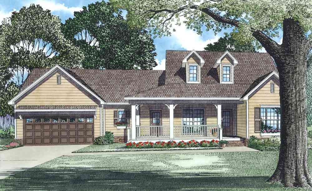 House plan exterior: one-story traditional style with a front-facing garage, covered porch with white railings, and two dormers.