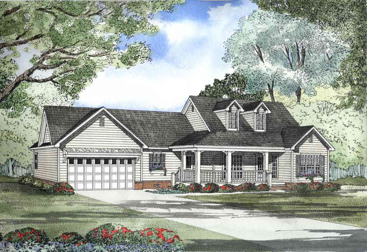 House plan exterior: single-story home with attached garage, wide covered front porch, and dormers.