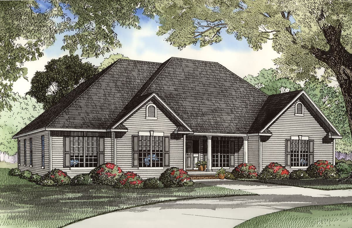 House plan exterior, one story, with a covered front porch, gable dormers, and wide windows.