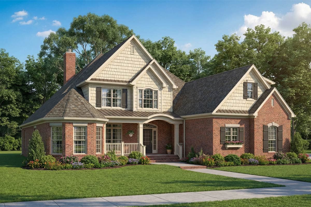 Craftsman-style house plan exterior with brick and shingle siding, a wraparound porch, and multiple gables.