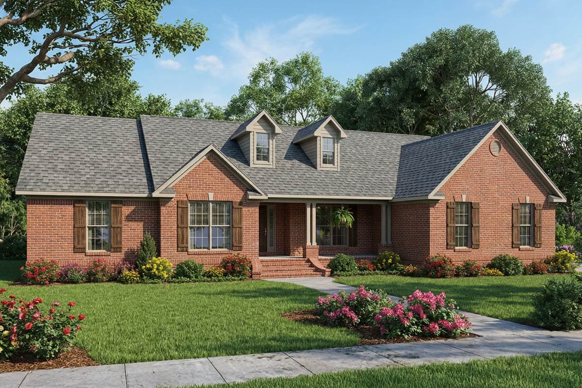 House plan exterior with brick facade, front porch, and dormers. Features a gabled roof and decorative shutters on windows.