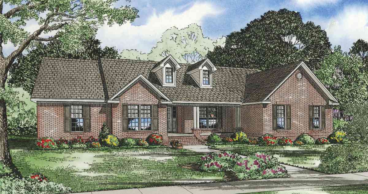 House plan exterior: Brick ranch with gable, two dormers, covered porch, and attached garage.