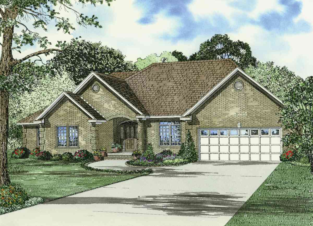 House plan exterior: Single-story brick home with arched entryway, multi-pane windows, and a two-car garage.