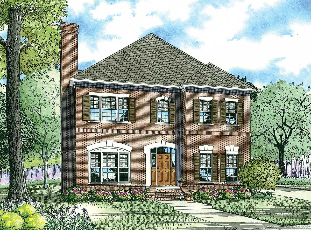 Two-story brick house plan exterior with arched entry, multi-pane windows, shutters, and prominent chimney.
