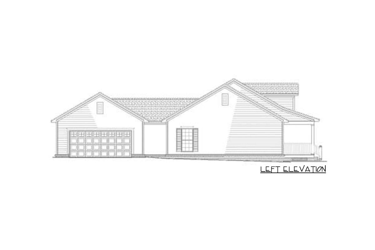 Left elevation drawing of a single-story house plan with a two-car garage, gable roof, and covered porch.