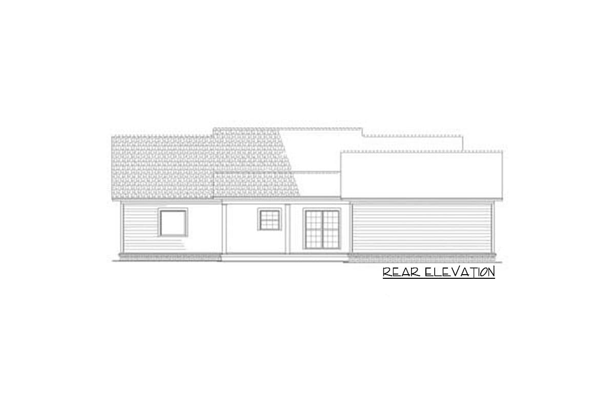 Rear elevation drawing of a single-story house plan with varied rooflines, horizontal siding, and a sliding glass door.