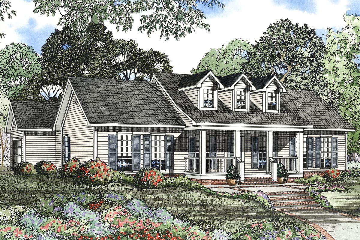 House plan exterior: single-story ranch with a prominent front porch, multiple gables, and dormer windows.