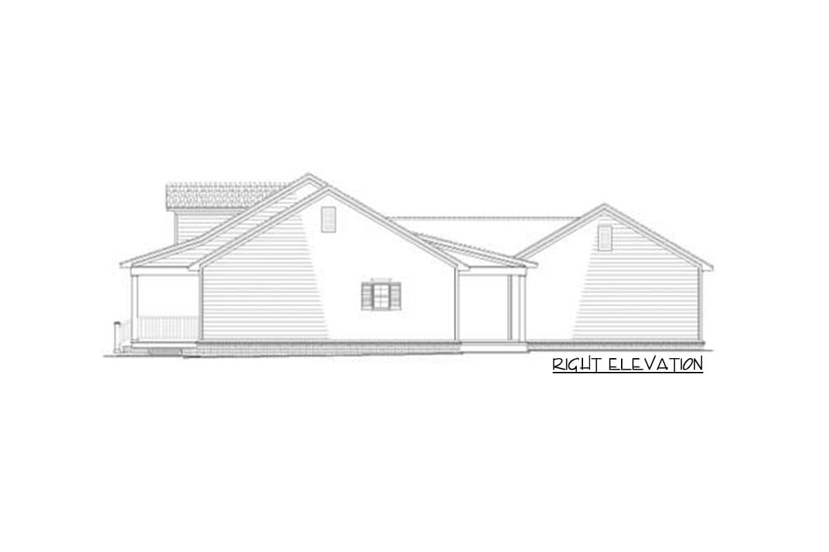 Right elevation drawing of a house plan with a prominent gable, dormer, and covered porch.