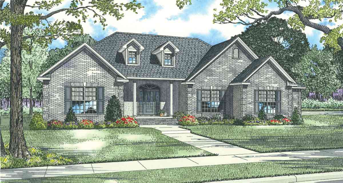 House plan exterior: Brick one-story home with steeply pitched gables, dormers, and covered entry with columns.