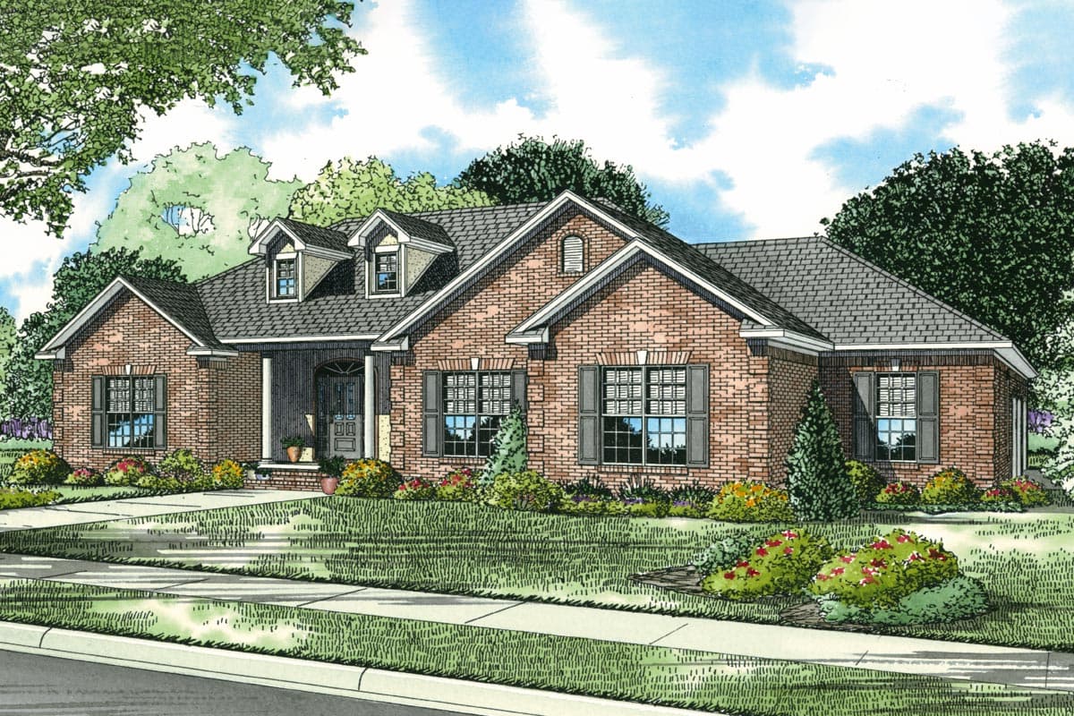 House plan exterior: Brick ranch with covered front porch, two dormers, and garage on right.