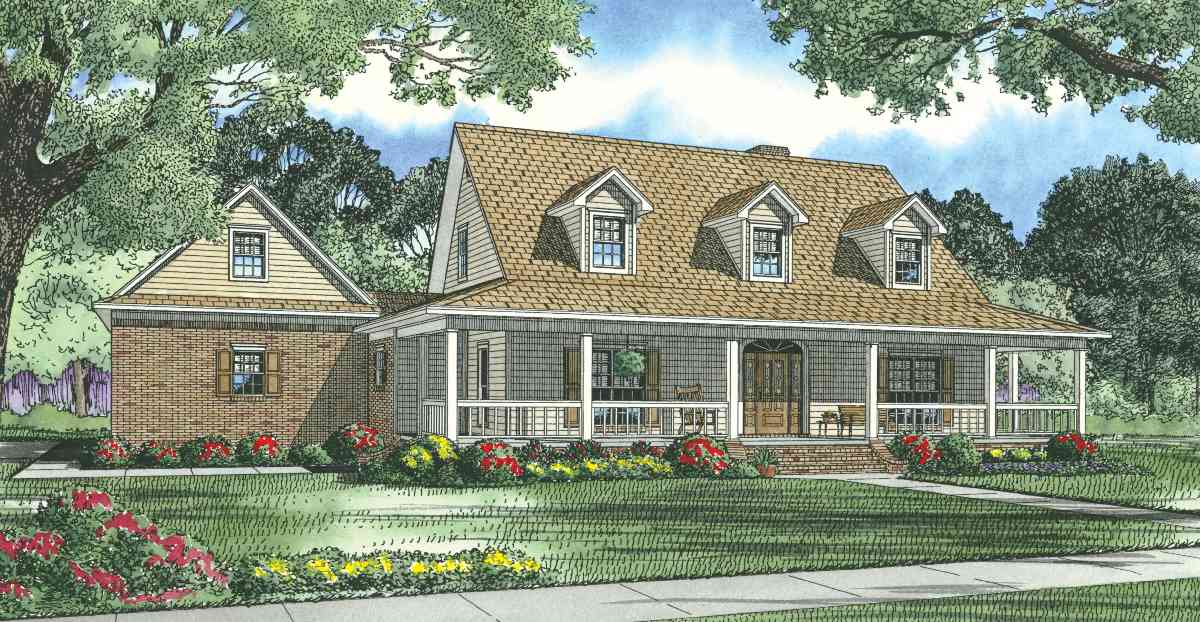 House plan exterior: Two-story home with full-width porch, prominent gables, and three dormer windows.