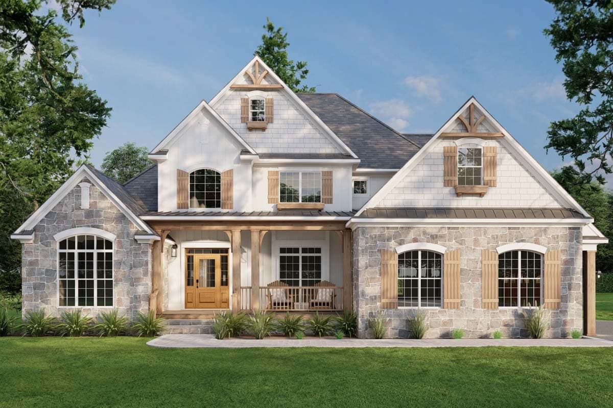 House plan exterior: Two-story Modern Farmhouse with stone base, prominent gables, wooden porch, and arched windows.