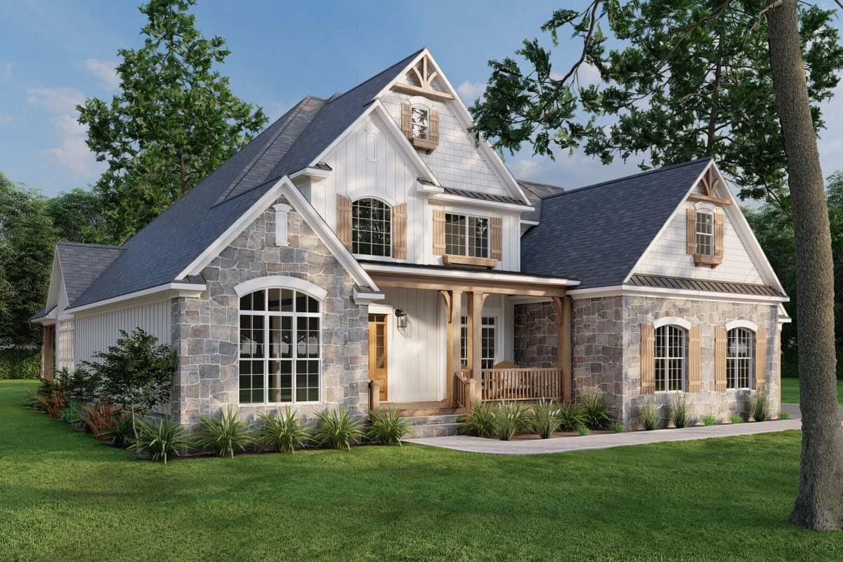 House plan exterior featuring stone and board-and-batten siding, covered porch with wood beams, and dormer windows.