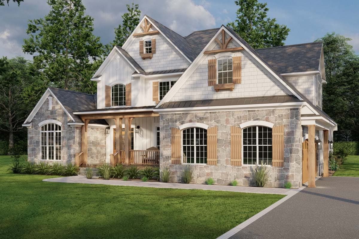 House plan exterior featuring stone and white siding, a covered porch with timber posts, and arched windows with wooden shutters.