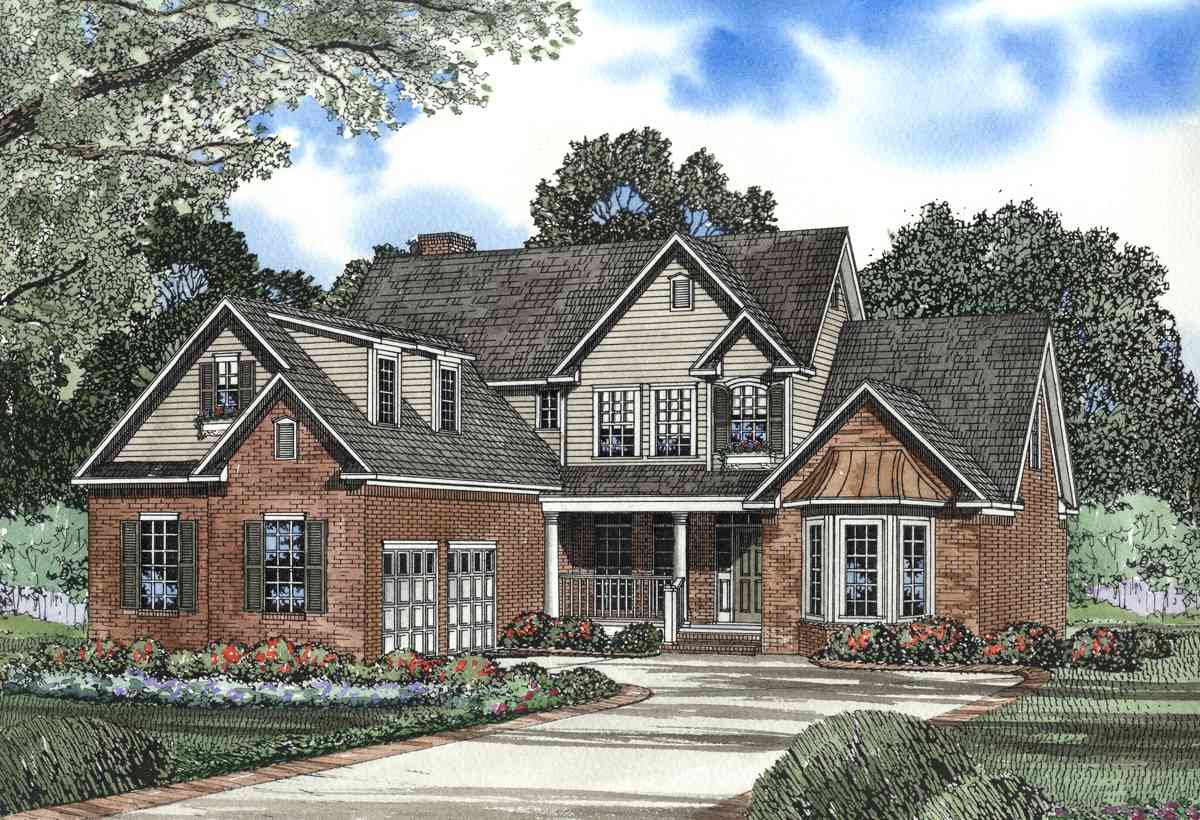 House plan exterior: Traditional two-story with brick facade, multiple gables, dormers, covered front porch, and bay window.
