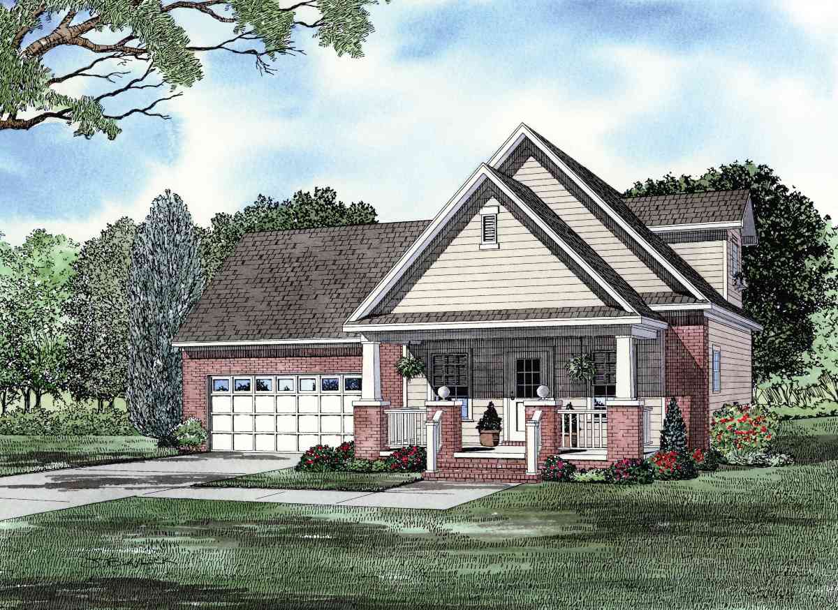 House plan exterior: Craftsman style, two stories, side-entry garage, covered front porch with brick pillars, double gables, dormer.