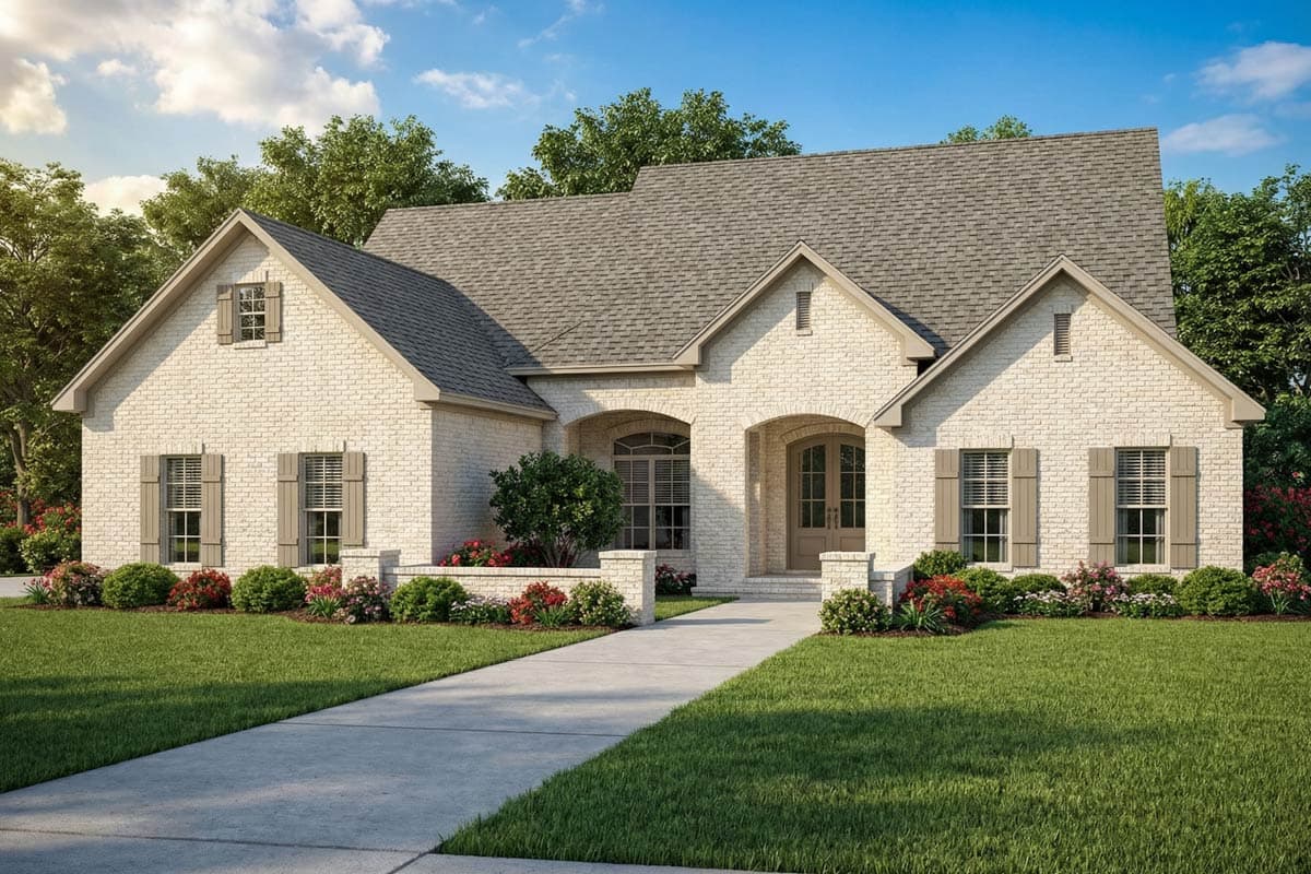 A two-story brick home with a gray shingle roof and symmetrical design, featuring a concrete walkway and landscaped lawn. Lush trees frame the house.