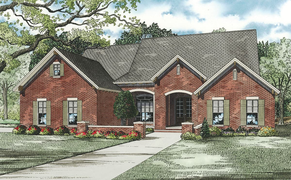 House plan exterior featuring red brick, prominent gables, arched entryways, and multiple dormers.