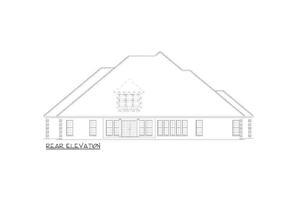 Rear elevation drawing of a house with a prominent roofline, numerous windows, and a central French door system. Features optional dormer.