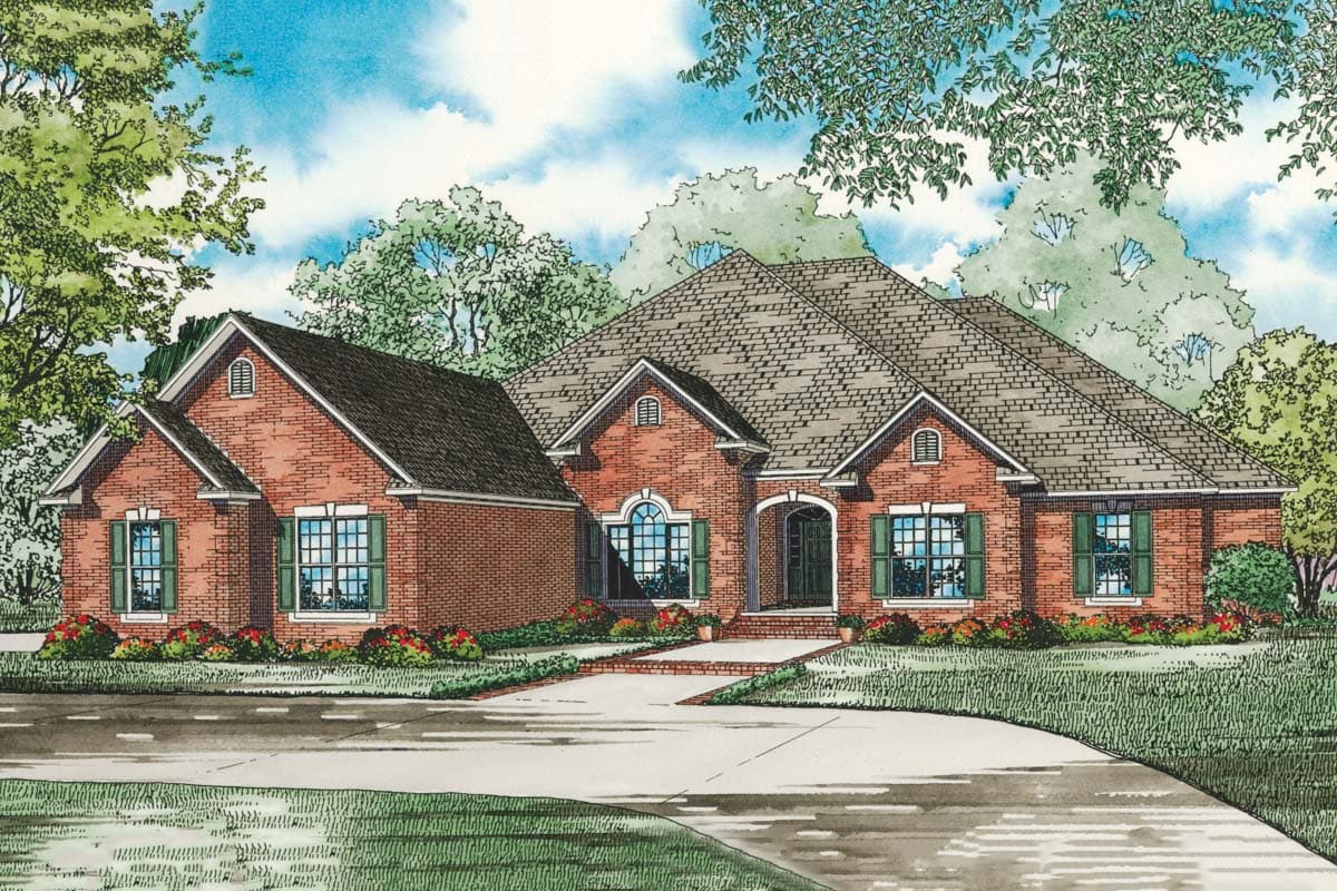 House plan exterior: One-story brick home with arched entry, multiple gables, dormer windows, and attached garage.