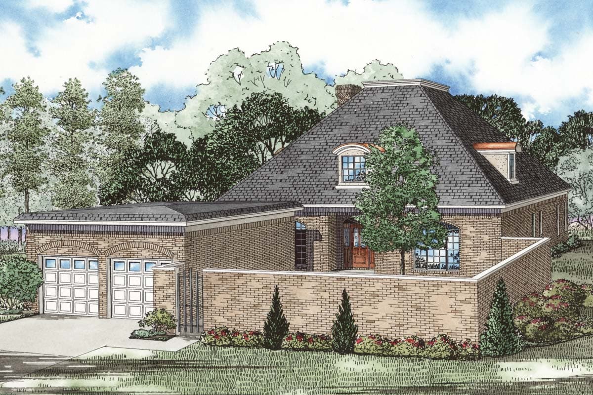 House plan exterior: brick facade, mansard roof, dormer window, attached two-car garage, and brick courtyard wall.