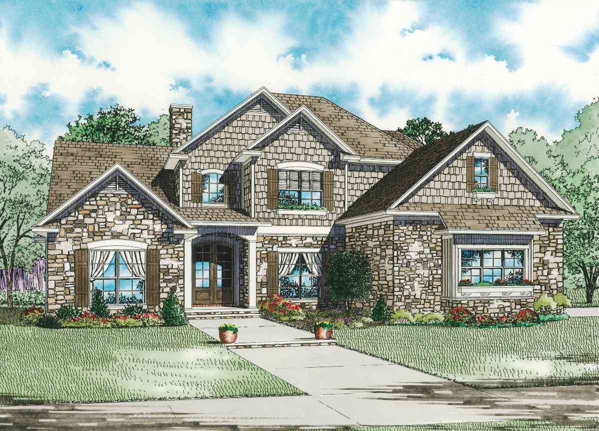 House plan exterior: Traditional style, two stories, stone facade, arched entry, multiple gables, and dormers.